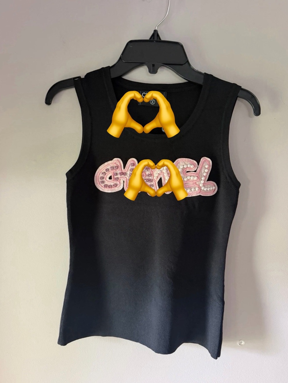 Women Black Top w/ Pink Embellished Script Rhinestones & Pearls Appliqué Logo S